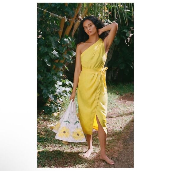 NEW By Anthropologie Linen One Shoulder Wrap Dress Yellow Size 12 - Picture 8 of 8